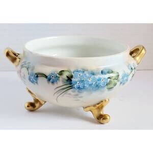 Antique GDA Limoges Hand Painted 3 Footed Bowl Blue Floral Gold Gilt Porcelain